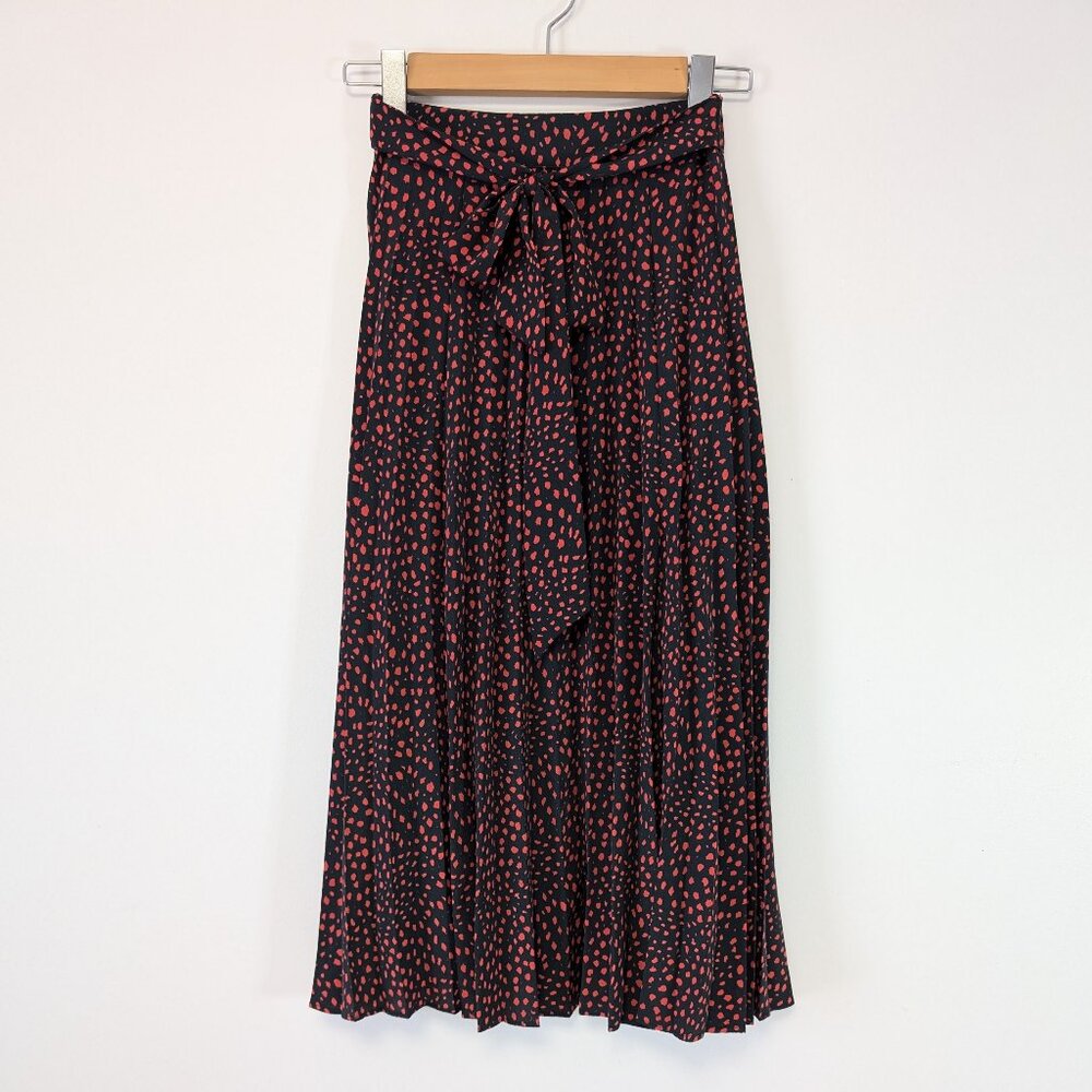 Topshop Pleated Black & Red Spotted Front Slit Midi Skirt
